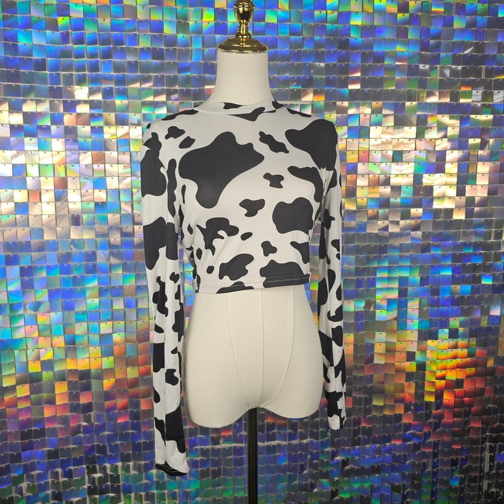 SHEIN Cow Print Crop Top Women Size M Black White Excellent Long Sleeve Crewneck
